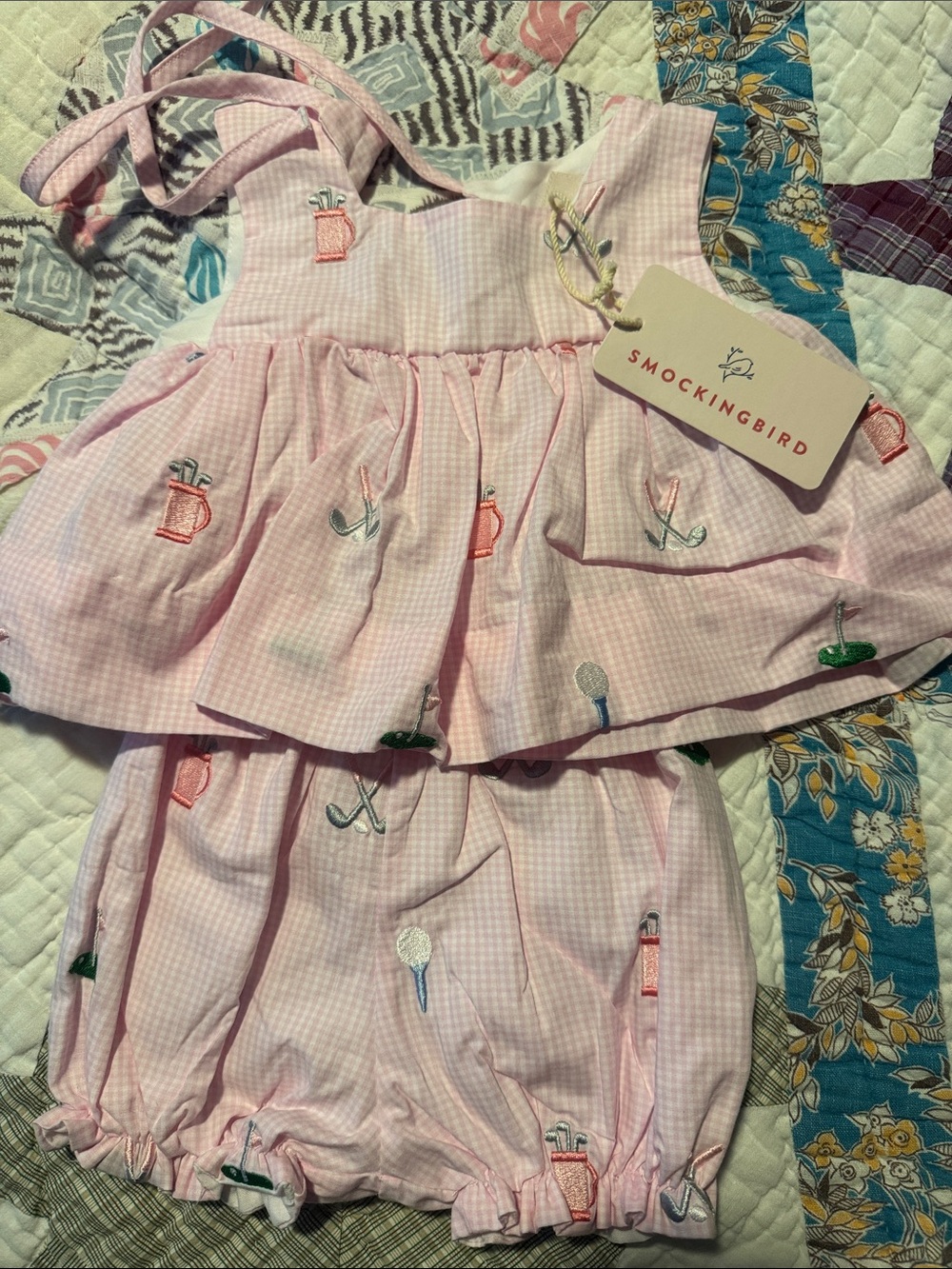 Smockingbird Pink Embroidered Girls' Two-Piece Bloomer Set